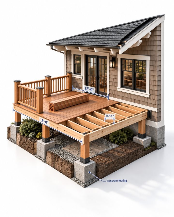 3D cutaway of a deck: footings, framing, decking, railing