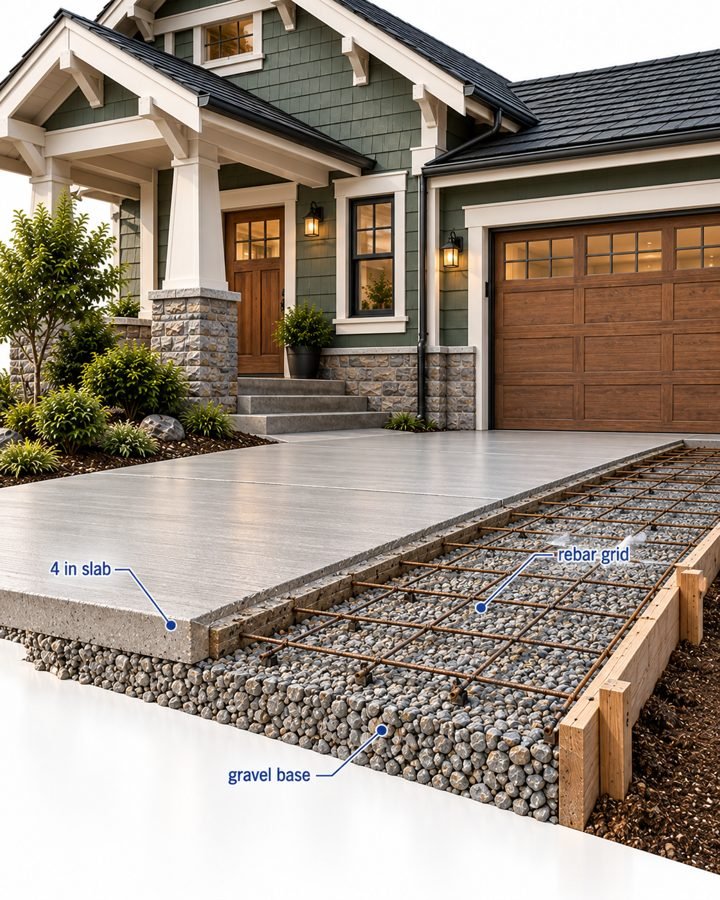 3D cutaway of a concrete driveway: base, rebar grid, slab
