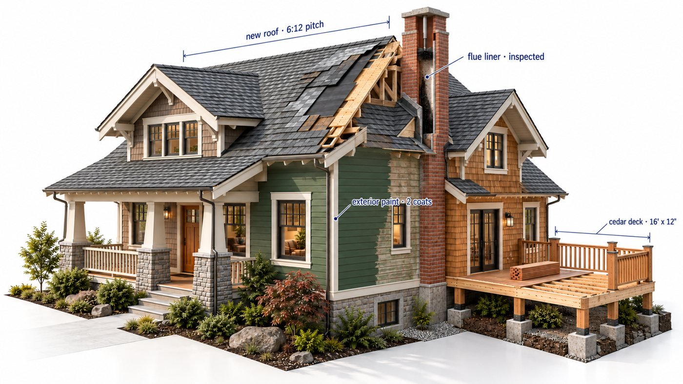 3D model of a house with every service marked: roof, chimney, siding, deck, driveway, yard