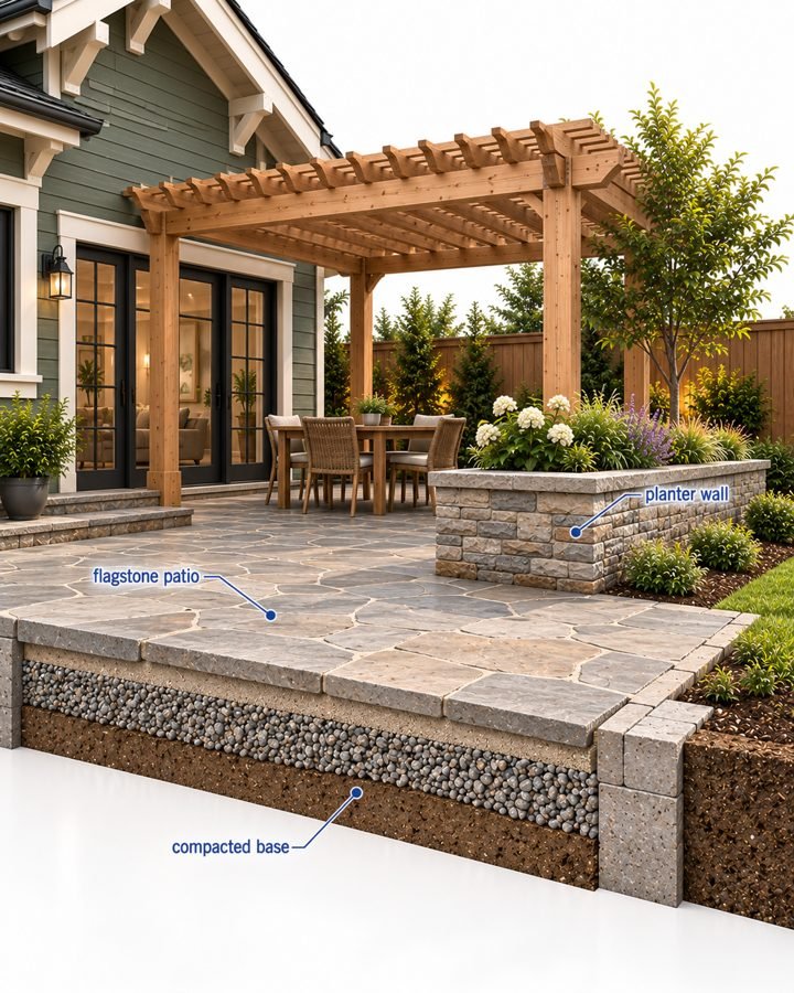 3D model of a landscaped yard with patio and planter walls