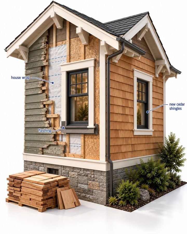 3D cutaway of a wall with siding, house wrap and flashing