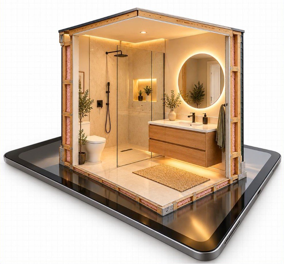 Cut-away of a finished bathroom remodel showing the shower, tub, vanity and the waterproofing behind the tile