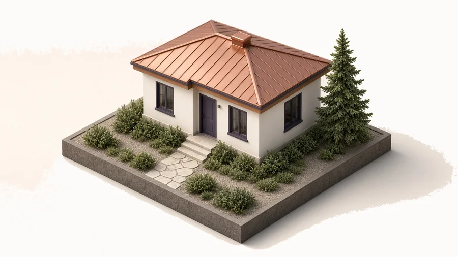 Isometric 3D model of a finished home on its lot: plaster walls, a copper roof, plum-charcoal windows, limestone path.