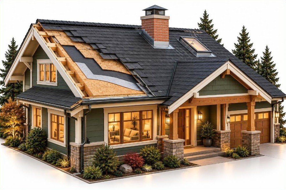 Cut-away of a craftsman home roof showing decking, underlayment, new shingles, flashing and gutters